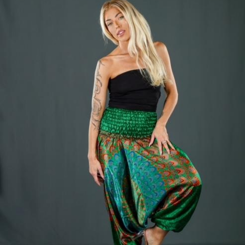 Brand New Hippie Boho Green Multicolor Print Harem Pants